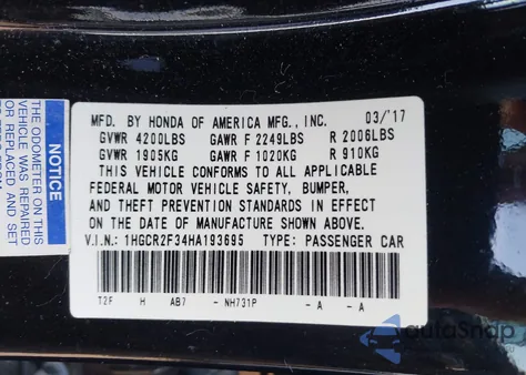 2017 Honda Accord Lx z USA, uszkodzony, nr VIN 1HGCR2F34HA193695